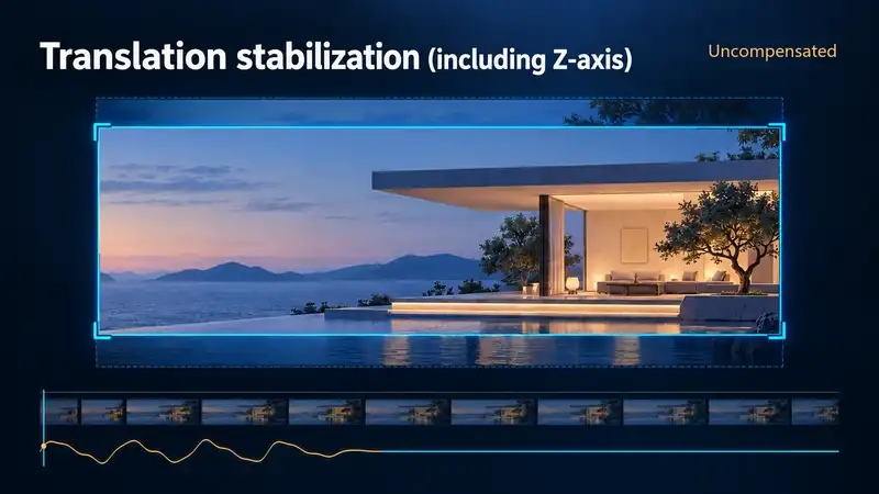 Translation compensation illustration: natural pan and tilt remain while extra vertical bounce is reduced